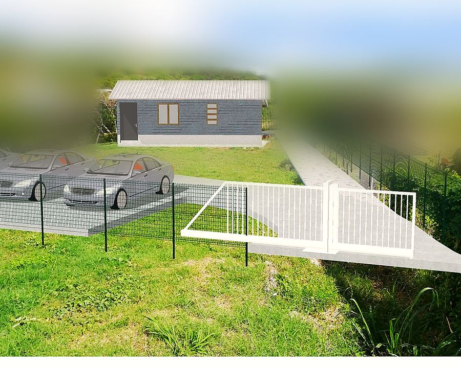 Bungalow T2 inséré sur la photographie du terrain, à Sainte-Anne.