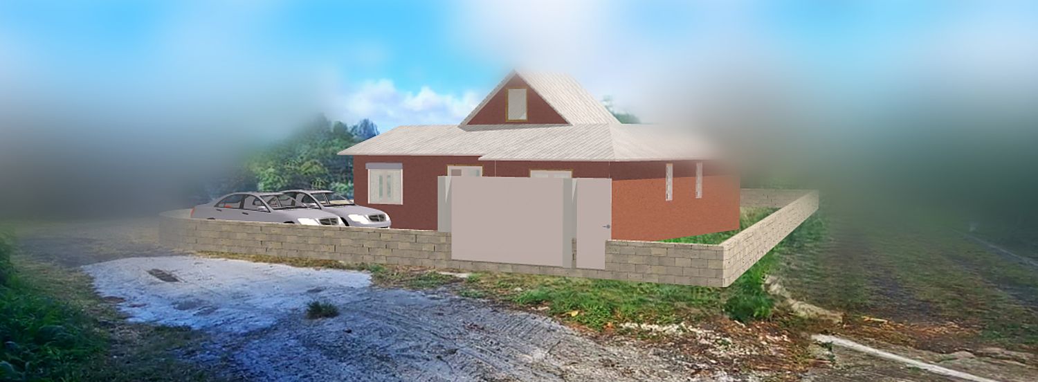 Projet de villa inséré sur la photographie réelle du terrain, avec l'orientation et le relief du site visibles.