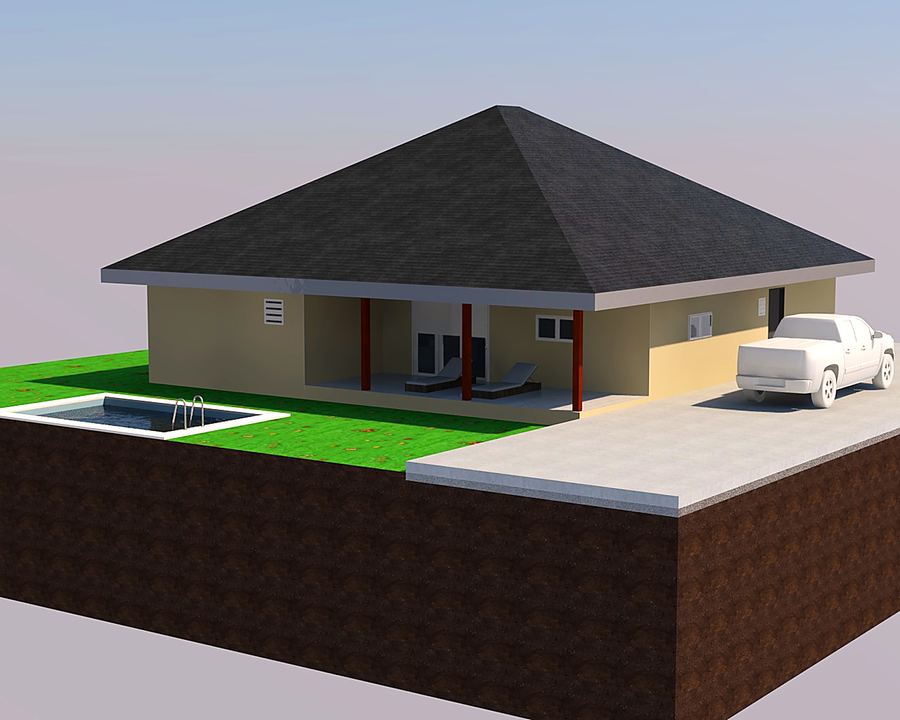 Vue 3D d'une maison de plain-pied à toiture quatre pans, avec terrasse et stationnement.