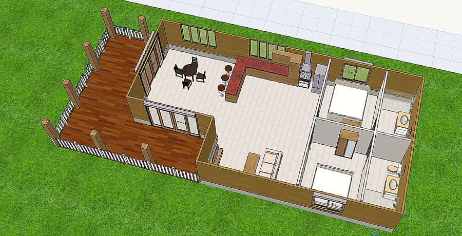 Vue 3D d'une maison T3 avec sa véranda placée sous la même toiture.